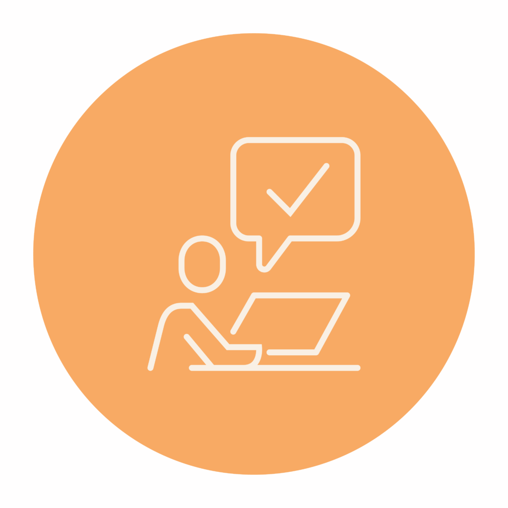 Person at laptop with checkmark bubble icon.
