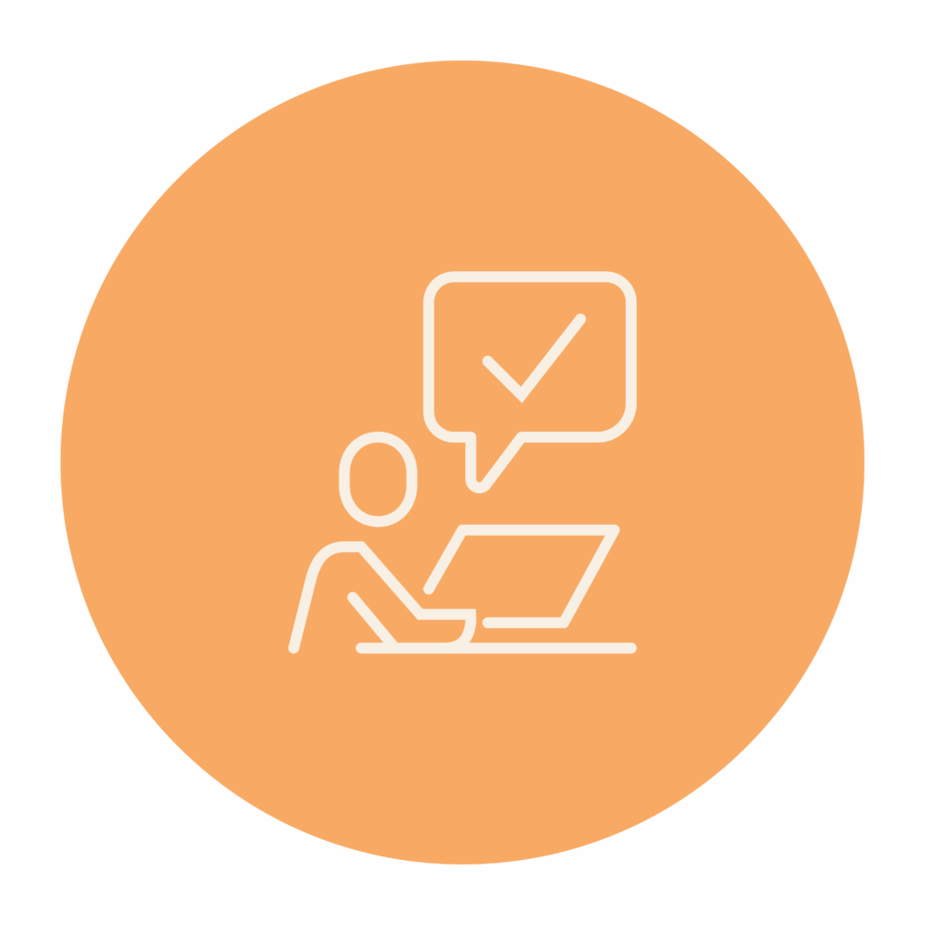 Person at laptop with checkmark bubble icon.