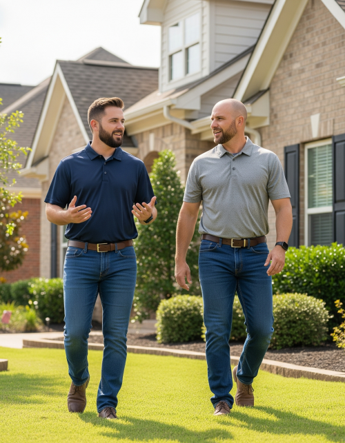 Two men walking and talking in front of a suburban home.
