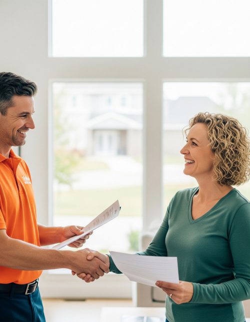 Smiling man and woman shaking hands while holding documents indoors.